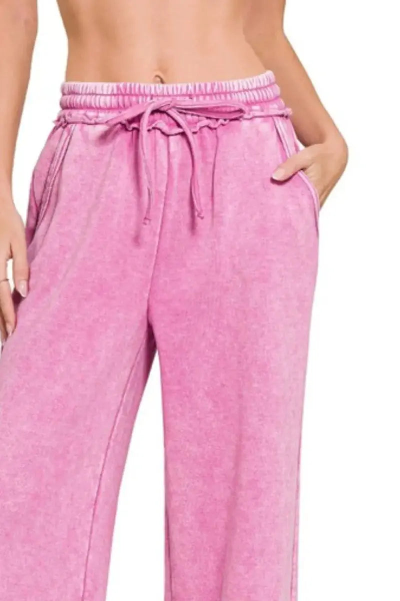 Zenana Acid Wash Fleece Palazzo Sweatpants with Pockets - Love Salve